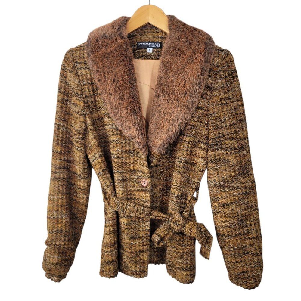 Vintage Cardigan Jacket Size 8 Medium Tie Belted Waist Faux Fur Collar Classic